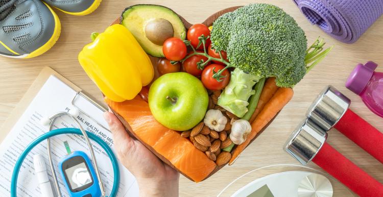 healthy food and exercise equipment