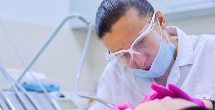 Experienced dentist treats teeth in patient