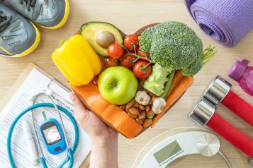 healthy food and exercise equipment