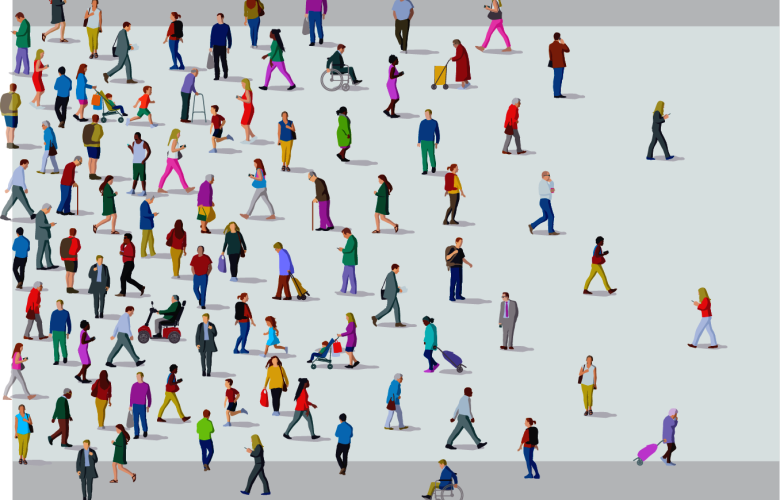 A diverse group of people viewed from afar