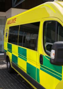 an ambulance parked outside a hospital