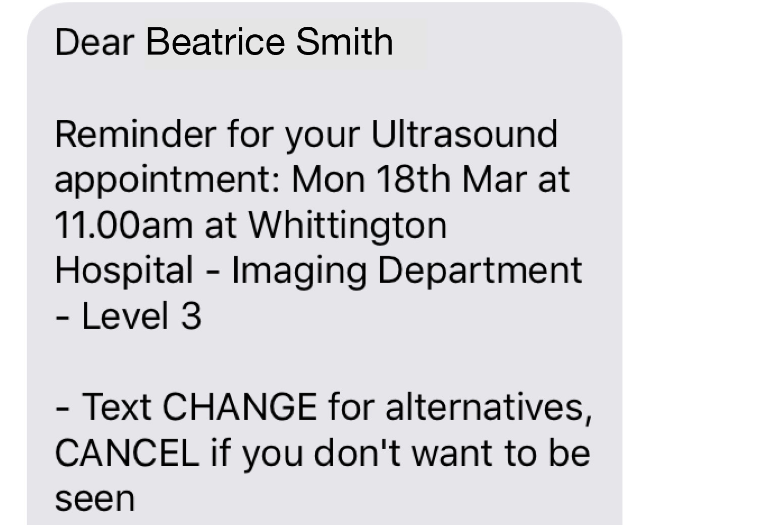text reminder for an ultrasound appointment
